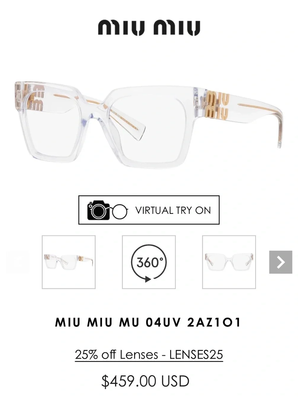 Miu Miu Transparent Clear Square Frame Glasses with Gold Logo Hardware